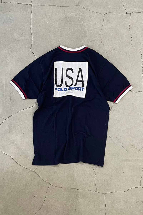 90'S S/S USA BACK PATCH RINGER T-SHIRT / NAVY [SIZE: XL USED]