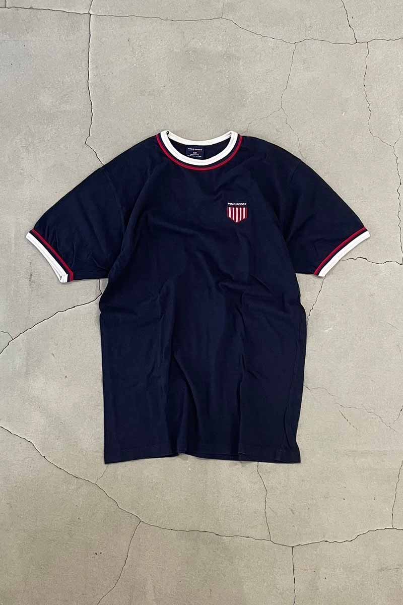 90'S S/S USA BACK PATCH RINGER T-SHIRT / NAVY [SIZE: XL USED]