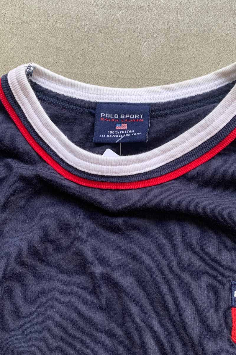 90'S S/S USA BACK PATCH RINGER T-SHIRT / NAVY [SIZE: XL USED]