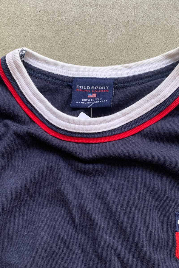 90'S S/S USA BACK PATCH RINGER T-SHIRT / NAVY [SIZE: XL USED]