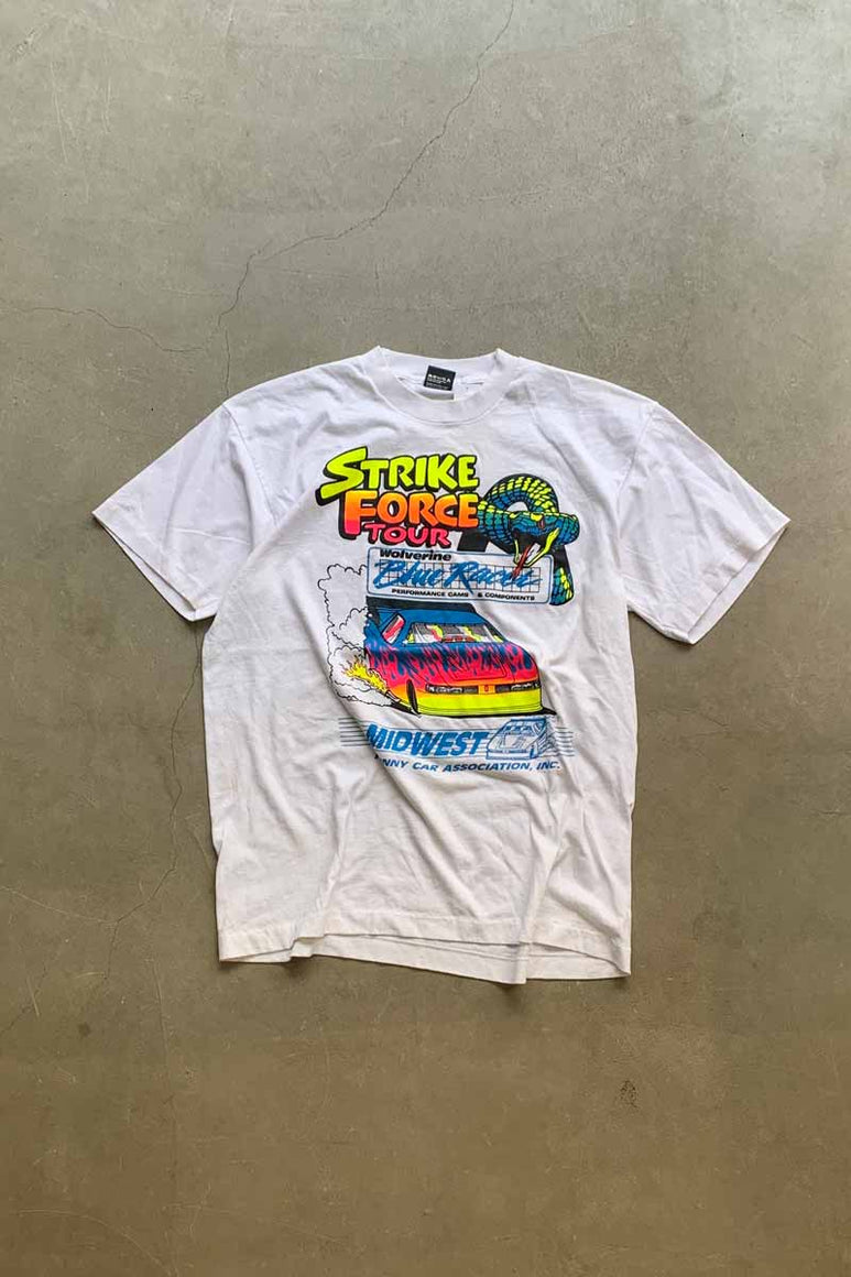 MADE IN USA 90'S S/S STRIKE FORCE TOUR PRINT T-SHIRT / WHITE [SIZE: XL USED]