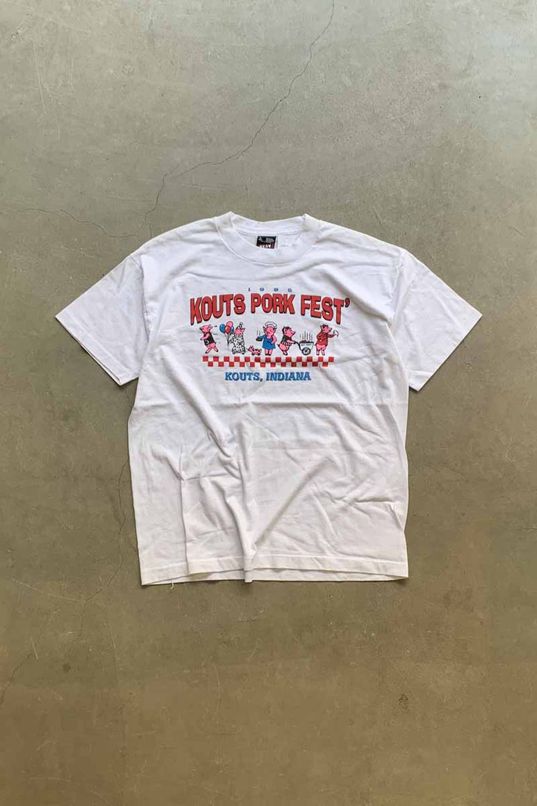 MADE IN USA 95'S S/S KOUTS PORK FEST PRINT T-SHIRT / WHITE [SIZE: L USED]