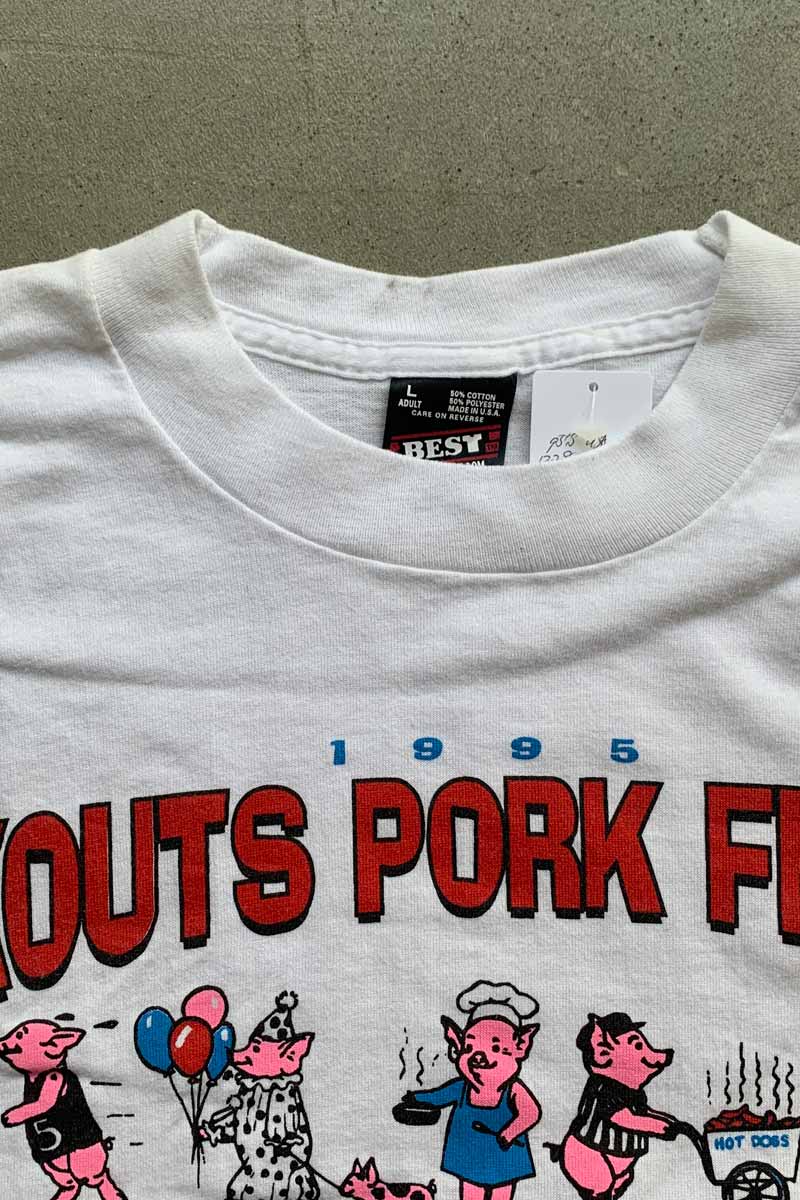 MADE IN USA 95'S S/S KOUTS PORK FEST PRINT T-SHIRT / WHITE [SIZE: L USED]