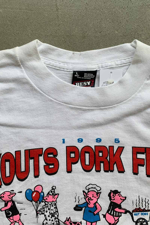 MADE IN USA 95'S S/S KOUTS PORK FEST PRINT T-SHIRT / WHITE [SIZE: L USED]