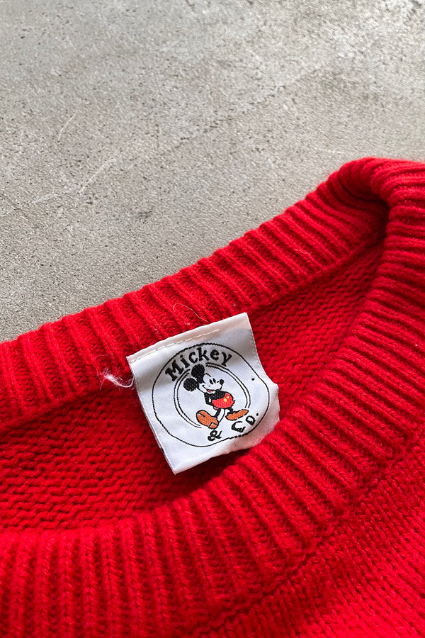 90s MICKEY PRINT CHARACTER SWEATER / RED [SIZE: M USED]