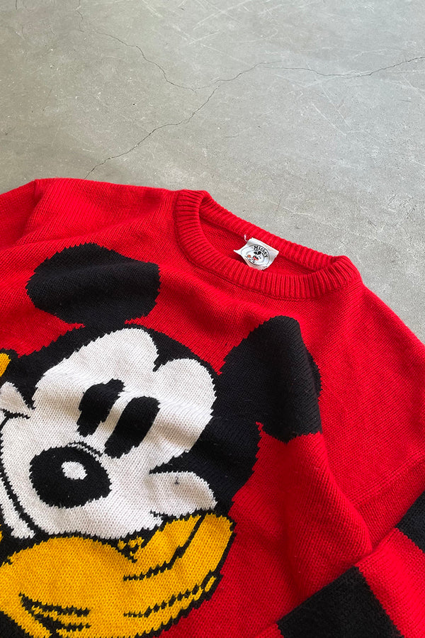 90s MICKEY PRINT CHARACTER SWEATER / RED [SIZE: M USED]