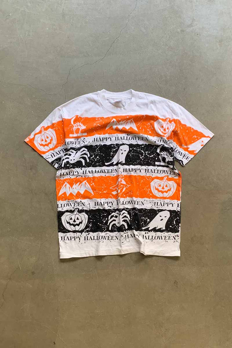 MADE IN USA 90'S S/S  HAPPY HALLOWEEN PRINT T-SHIRT / WHITE [SIZE: XL USED]