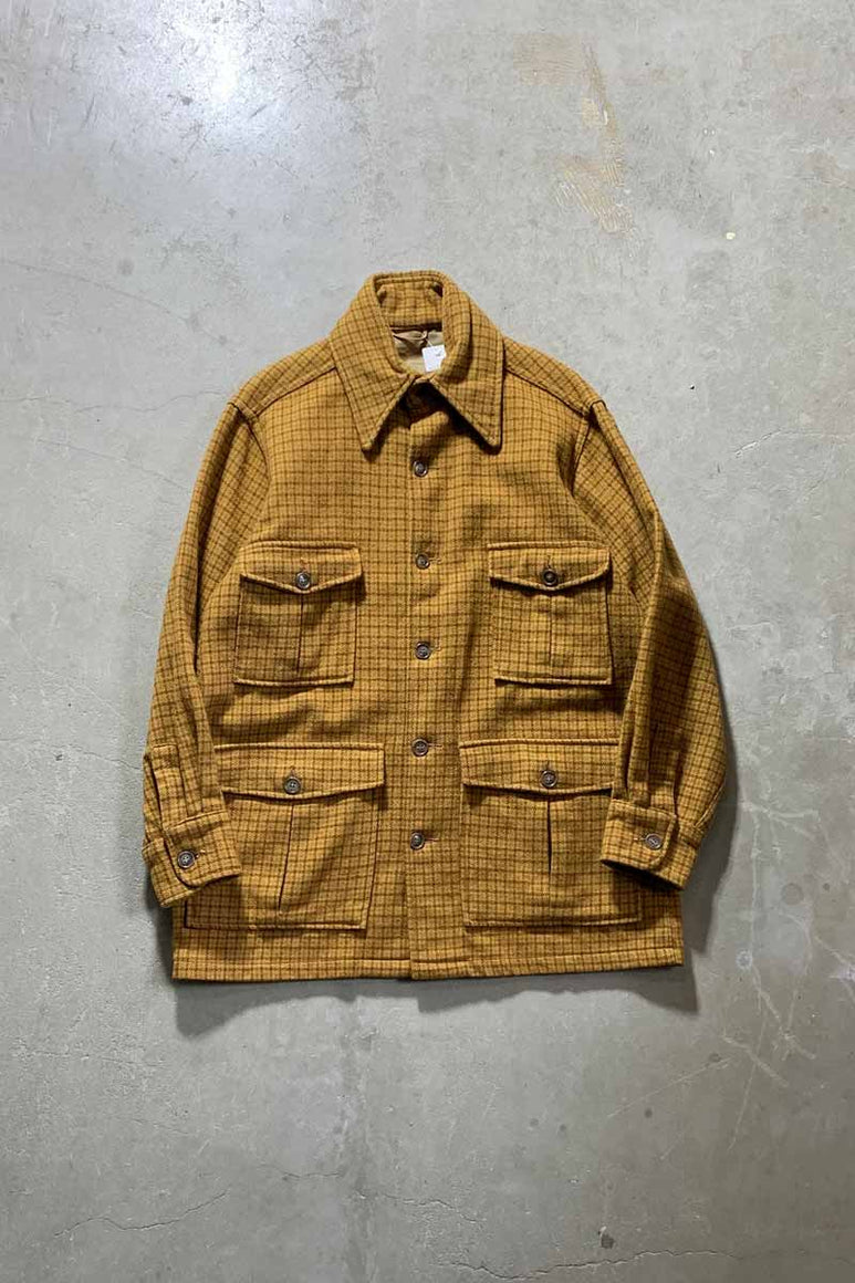 60-70'S CHECK WOOL BUTTON JACKET / MUSTARD [SIZE: M USED]