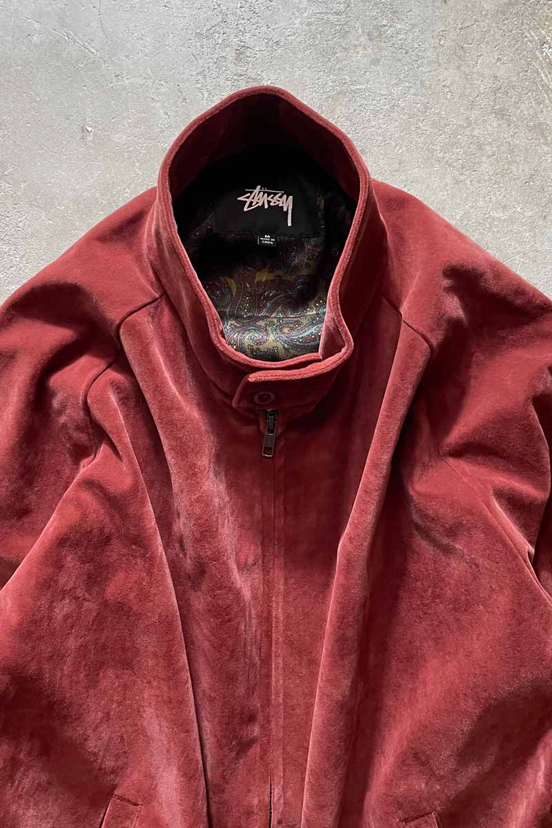 ZIP UP VELOUR HARRINGTON JACKET / BURGUNDY [SIZE: M USED]