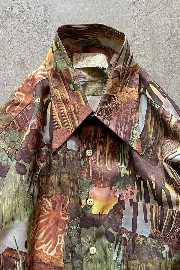 70'S L/S CACTUS PATTERN SHIRT / GREEN/BROWN [SIZE:L USED]