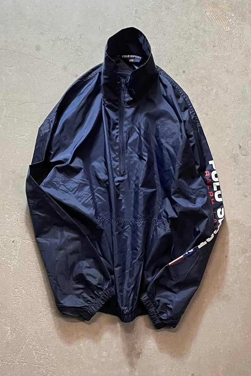 90'S NYLON HALF ZIP ANORAK JACKET / NAVY [SIZE: XL相当 USED]