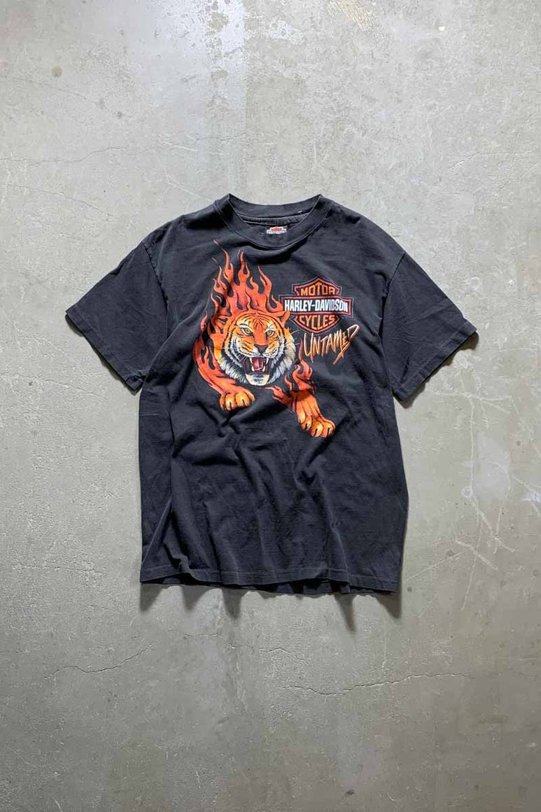 MADE IN USA 90'S S/S UNTAMED TIGER PRINT MOTOR CYCLE T-SHIRT / BLACK [SIZE: L USED]