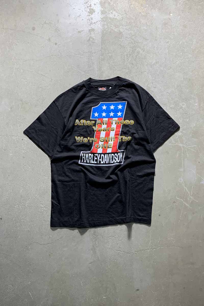 MADE IN USA 92'S S/S 1 AMERICAN FLAG PRINT MOTORCYCLE T-SHIRT / BLACK [SIZE: L USED]