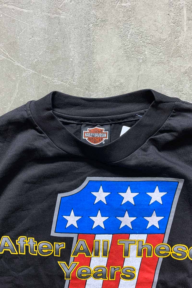 MADE IN USA 92'S S/S 1 AMERICAN FLAG PRINT MOTORCYCLE T-SHIRT / BLACK [SIZE: L USED]