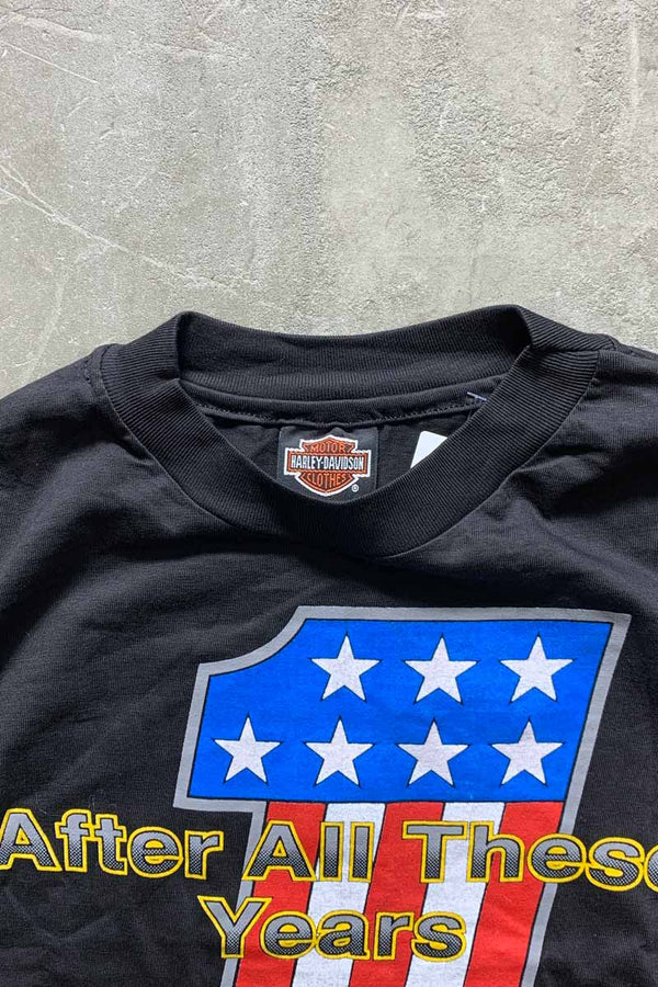 MADE IN USA 92'S S/S 1 AMERICAN FLAG PRINT MOTORCYCLE T-SHIRT / BLACK [SIZE: L USED]