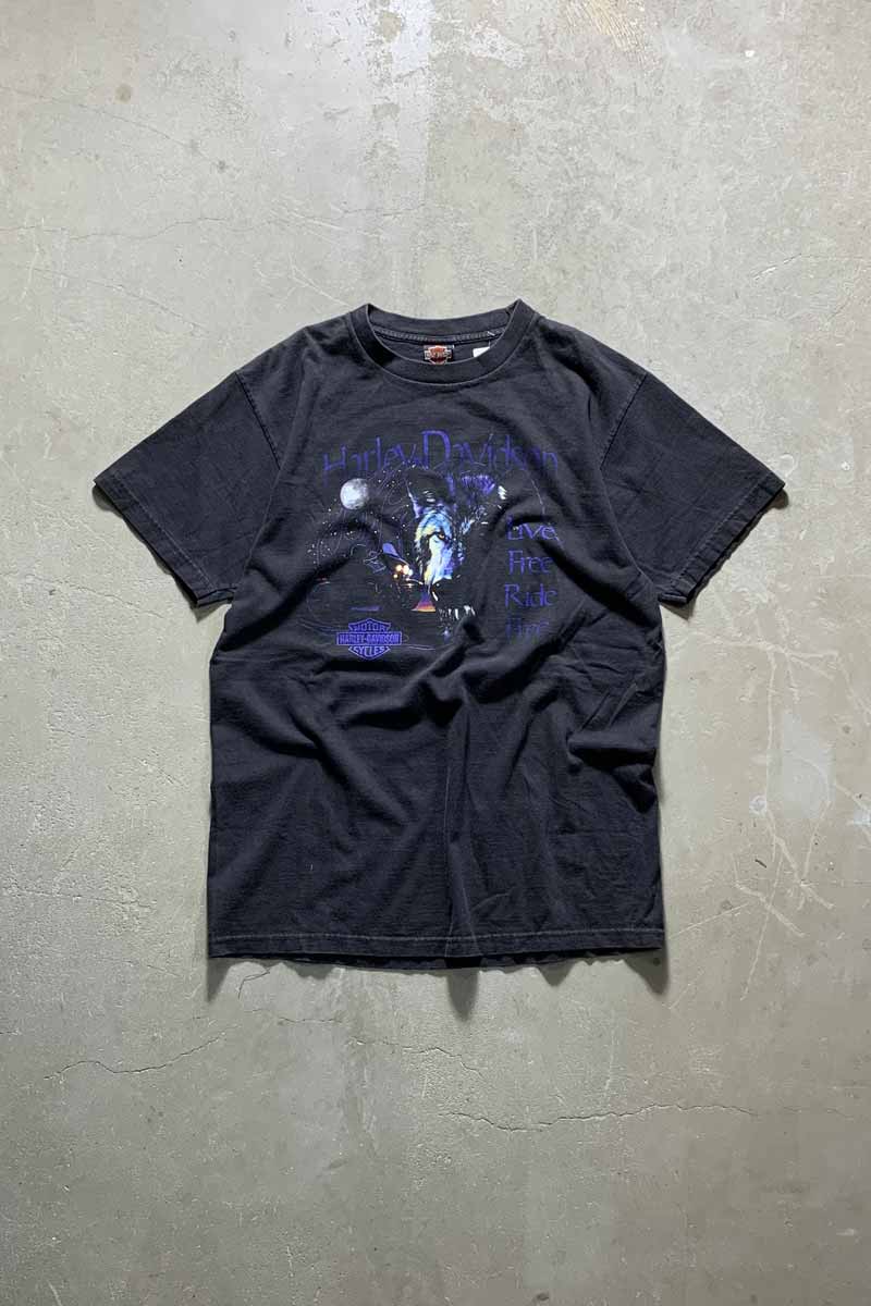 MADE IN USA 98'S S/S LIVE FREE RIDE FREE WOLF PRINT MOTORCYCLE T-SHIRT / BLACK [SIZE: L USED]