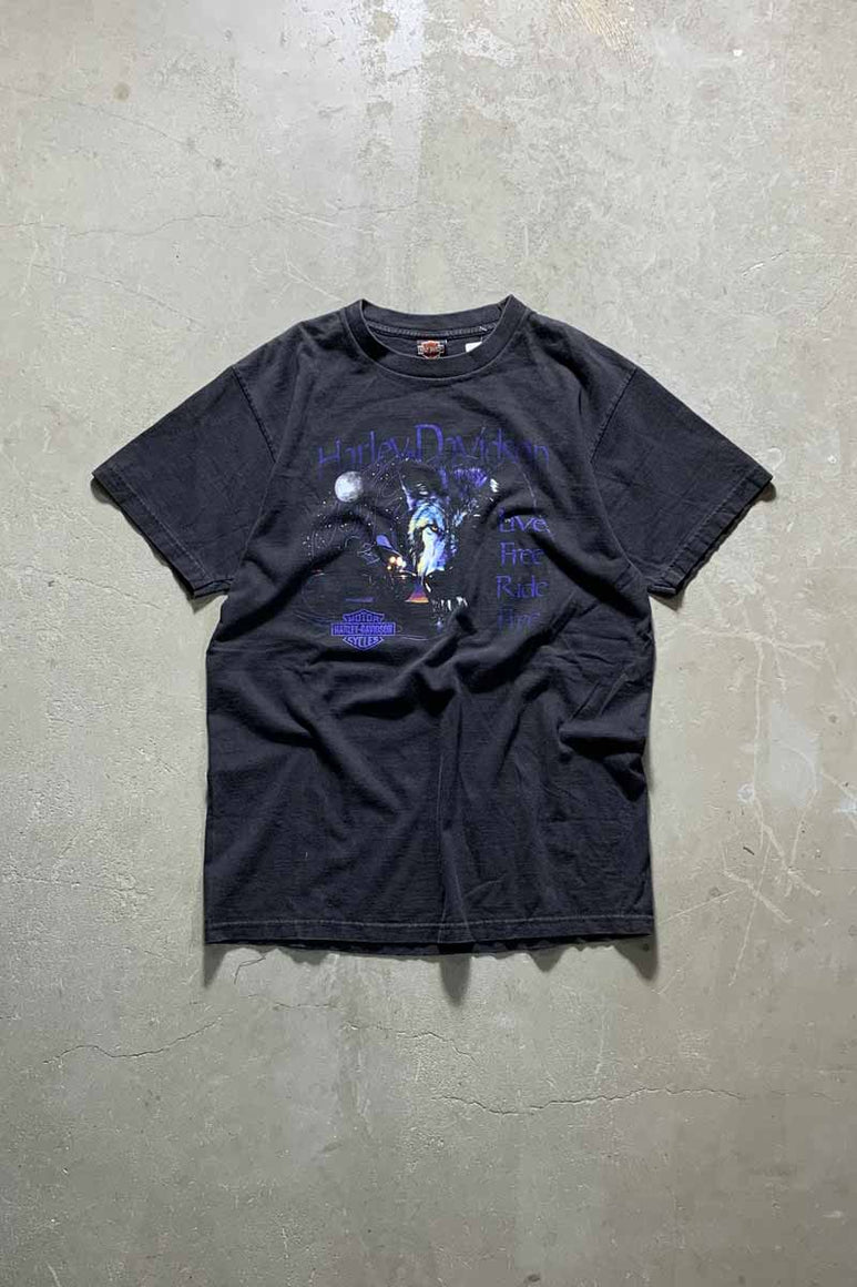 MADE IN USA 98'S S/S LIVE FREE RIDE FREE WOLF PRINT MOTOR CYCLE T-SHIRT / BLACK [SIZE: L USED]