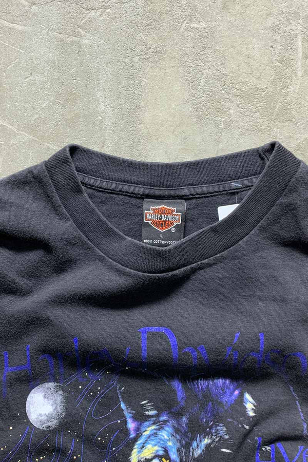 MADE IN USA 98'S S/S LIVE FREE RIDE FREE WOLF PRINT MOTORCYCLE T-SHIRT / BLACK [SIZE: L USED]