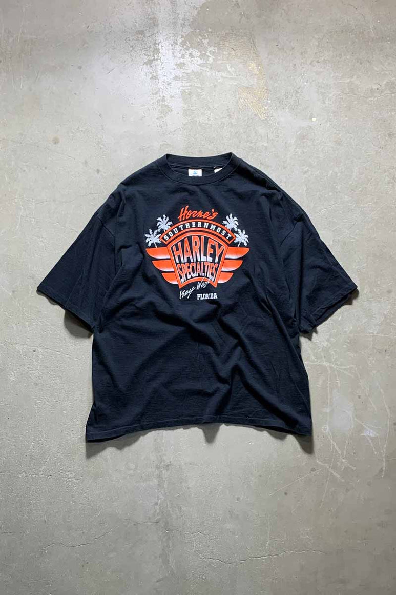 MADE IN USA 90'S S/S HORNE'S HARLEY SPECIALTIES PRINT T-SHIRT / BLACK [SIZE: XXL DEADSTOCK/NOS]