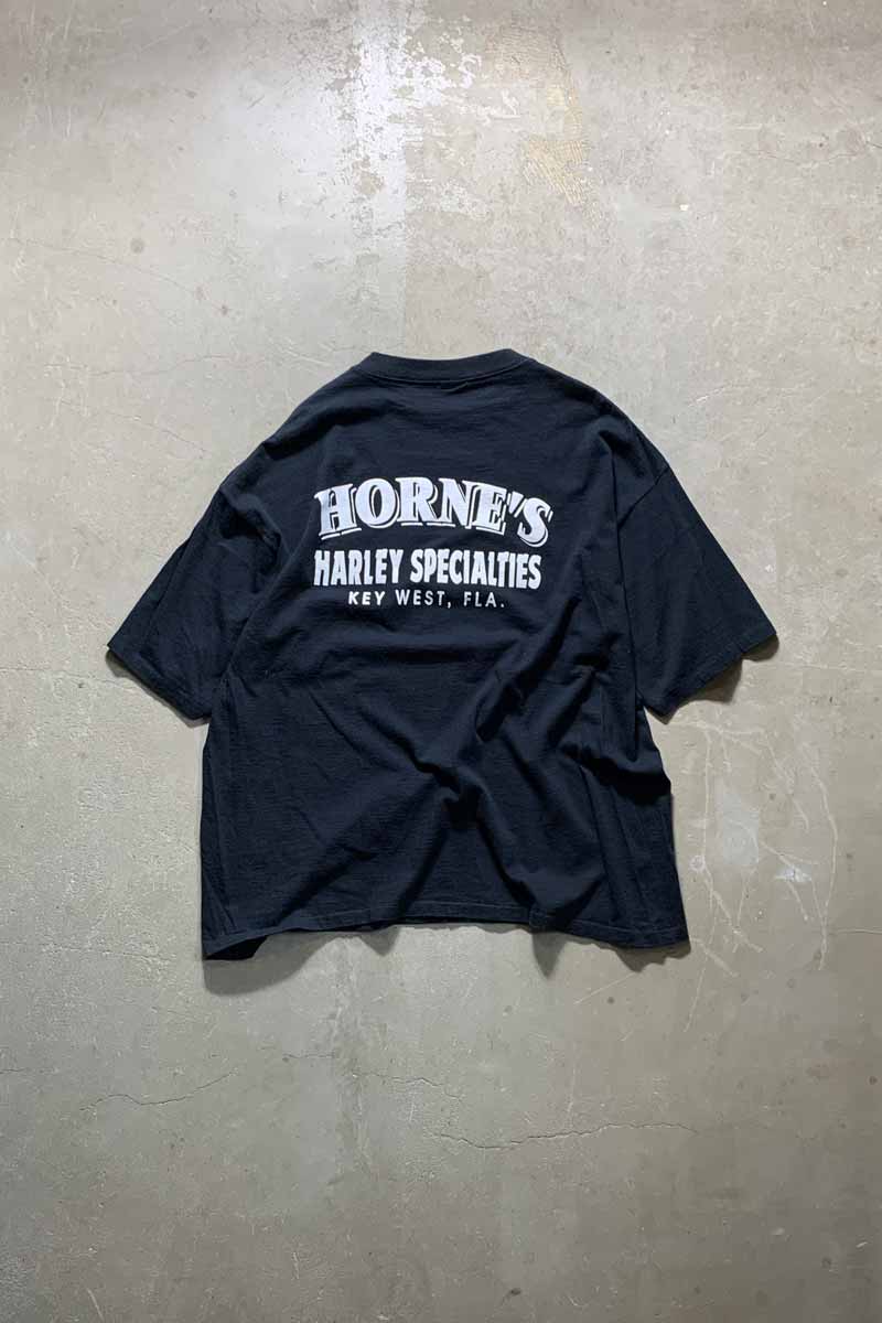MADE IN USA 90'S S/S HORNE'S HARLEY SPECIALTIES PRINT T-SHIRT / BLACK [SIZE: XXL DEADSTOCK/NOS]