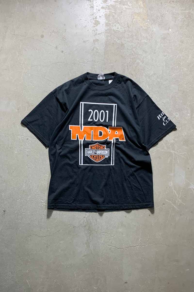 01'S S/S HARLEY DAVIDSON MDA PRINT MOTORCYCLE T-SHIRT / BLACK [SIZE: Equivalent to XL USED]