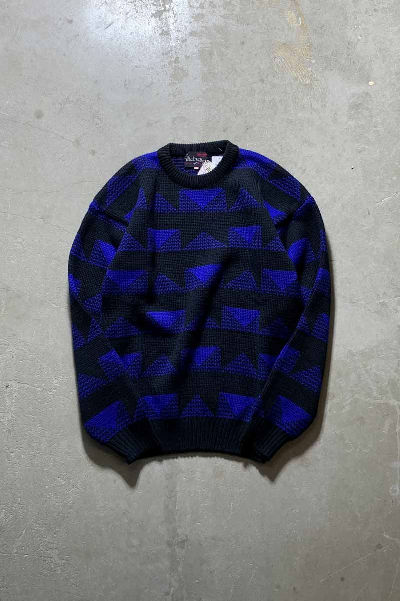 80'S DESIGN WOOL KNIT SWEATER / BLACK / BLUE [SIZE: M DEADSTOCK/NOS]