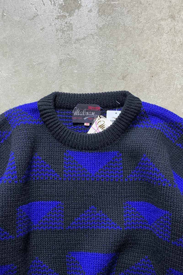 80'S DESIGN WOOL KNIT SWEATER / BLACK / BLUE [SIZE: M DEADSTOCK/NOS]