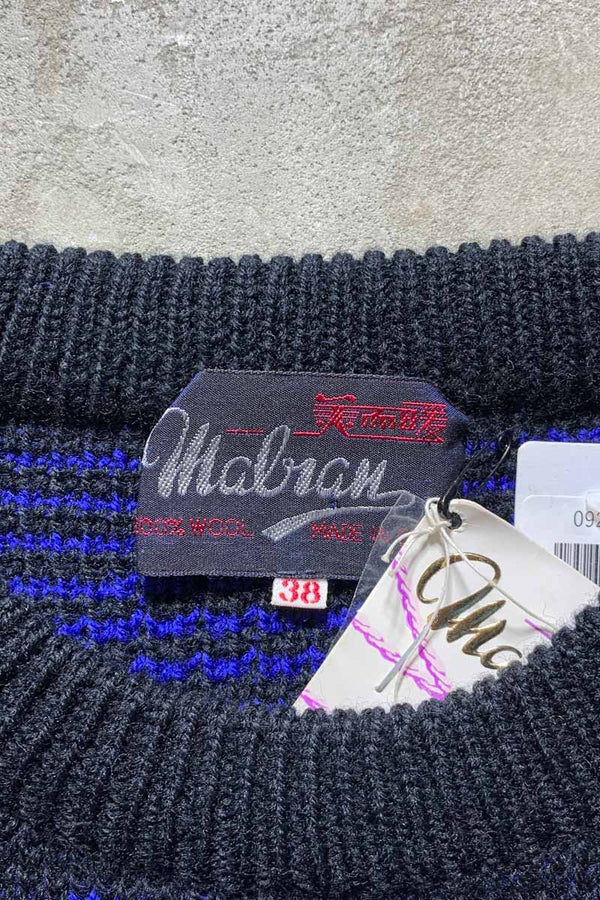 80'S DESIGN WOOL KNIT SWEATER / BLACK / BLUE [SIZE: M DEADSTOCK/NOS]