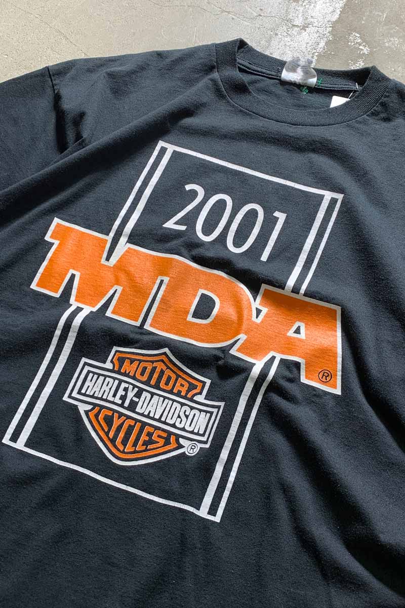 01'S S/S HARLEY DAVIDSON MDA PRINT MOTORCYCLE T-SHIRT / BLACK [SIZE: Equivalent to XL USED]