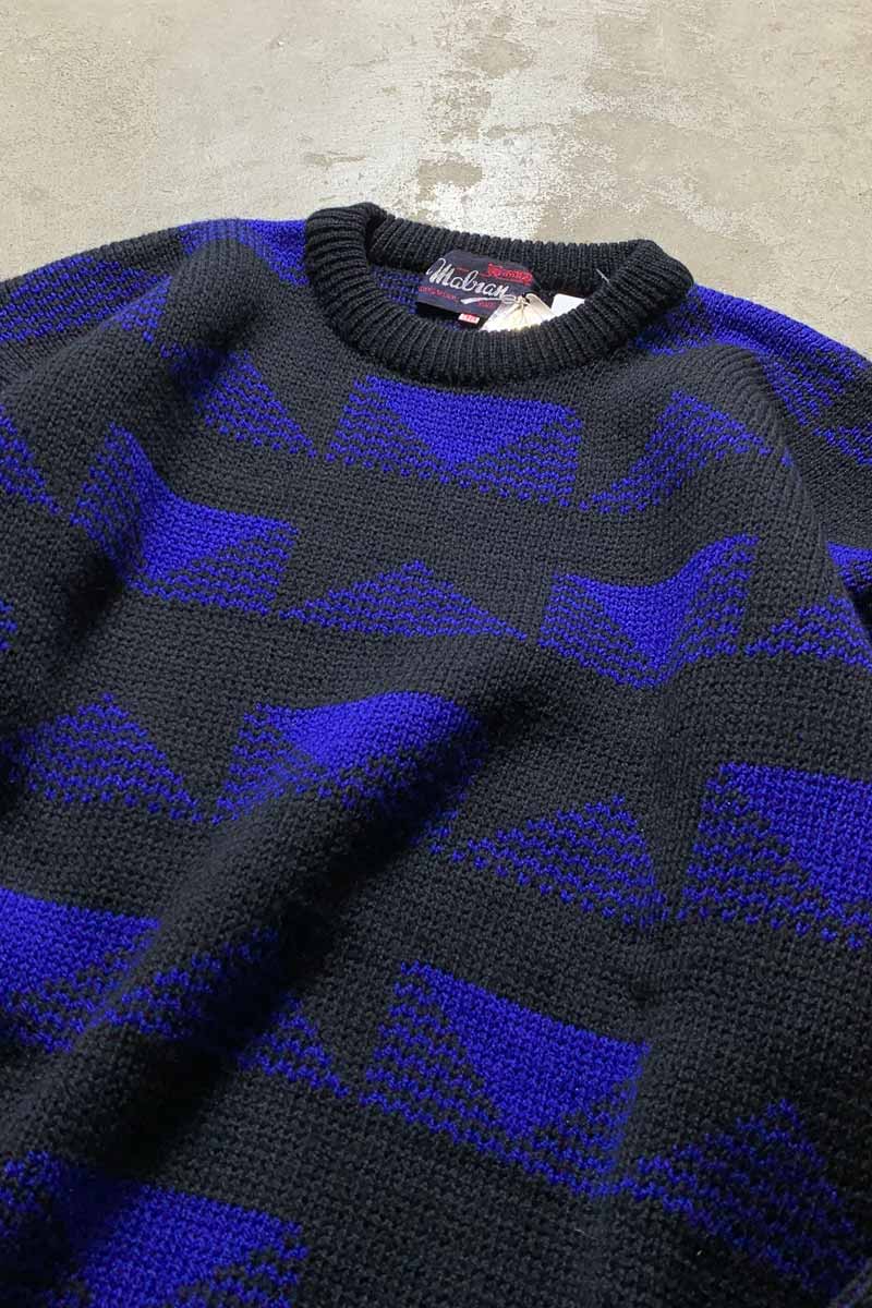 80'S DESIGN WOOL KNIT SWEATER / BLACK / BLUE [SIZE: M DEADSTOCK/NOS]