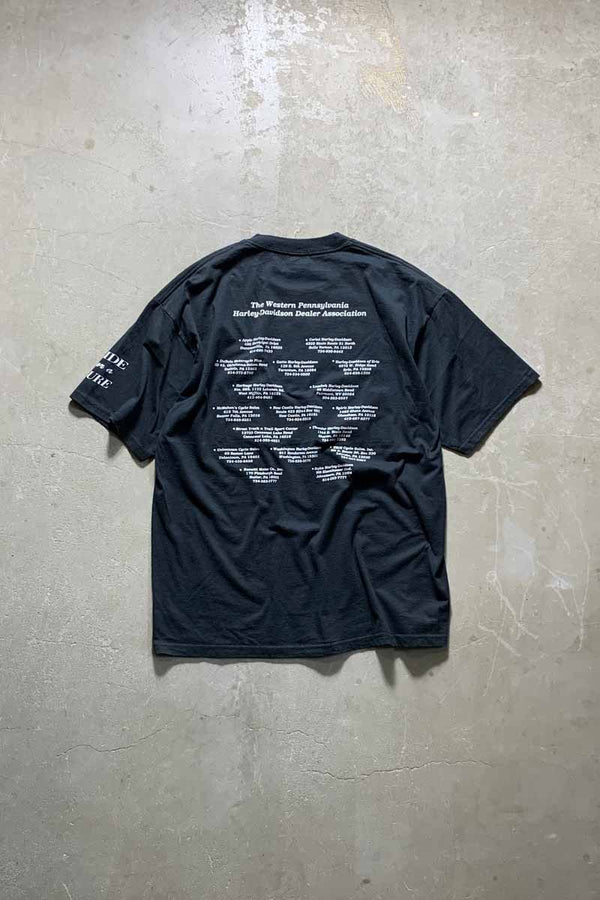 01'S S/S HARLEY DAVIDSON MDA PRINT MOTORCYCLE T-SHIRT / BLACK [SIZE: Equivalent to XL USED]