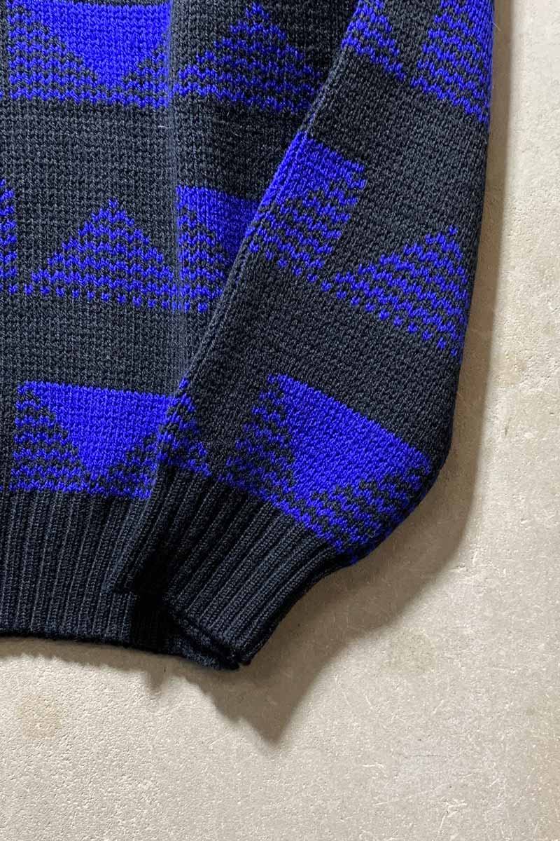80'S DESIGN WOOL KNIT SWEATER / BLACK / BLUE [SIZE: M DEADSTOCK/NOS]
