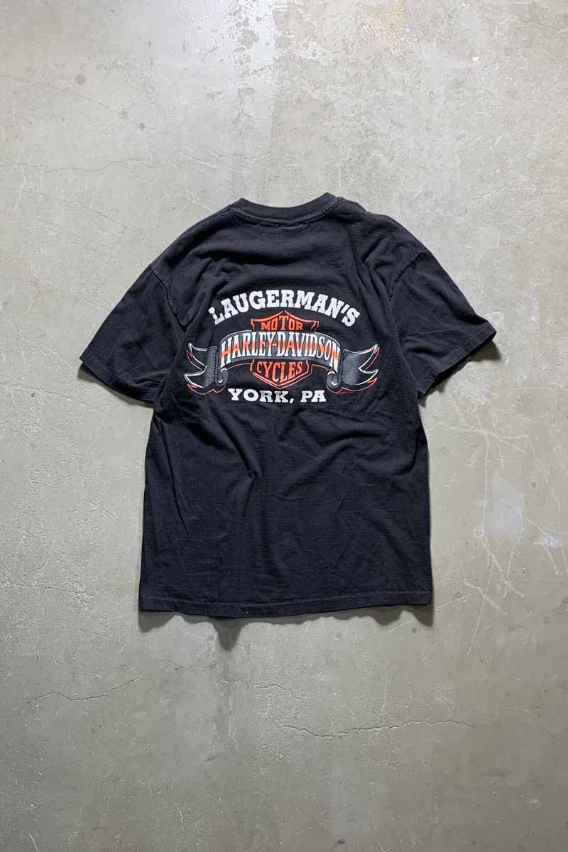 MADE IN USA 90'S S/S LAUGERMAN'S PRINT MOTORCYCLE T-SHIRT / BLACK [SIZE: L USED]