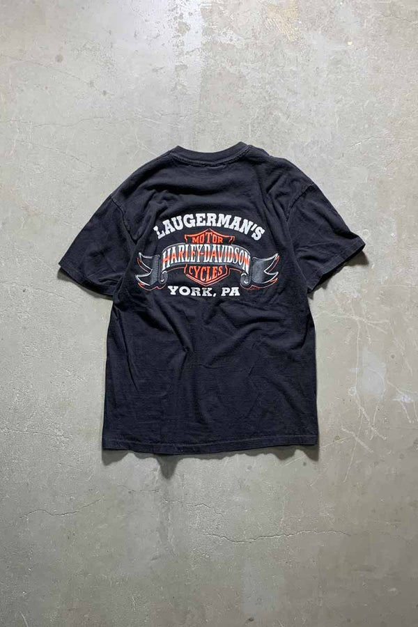 MADE IN USA 90'S S/S LAUGERMAN'S PRINT MOTORCYCLE T-SHIRT / BLACK [SIZE: L USED]