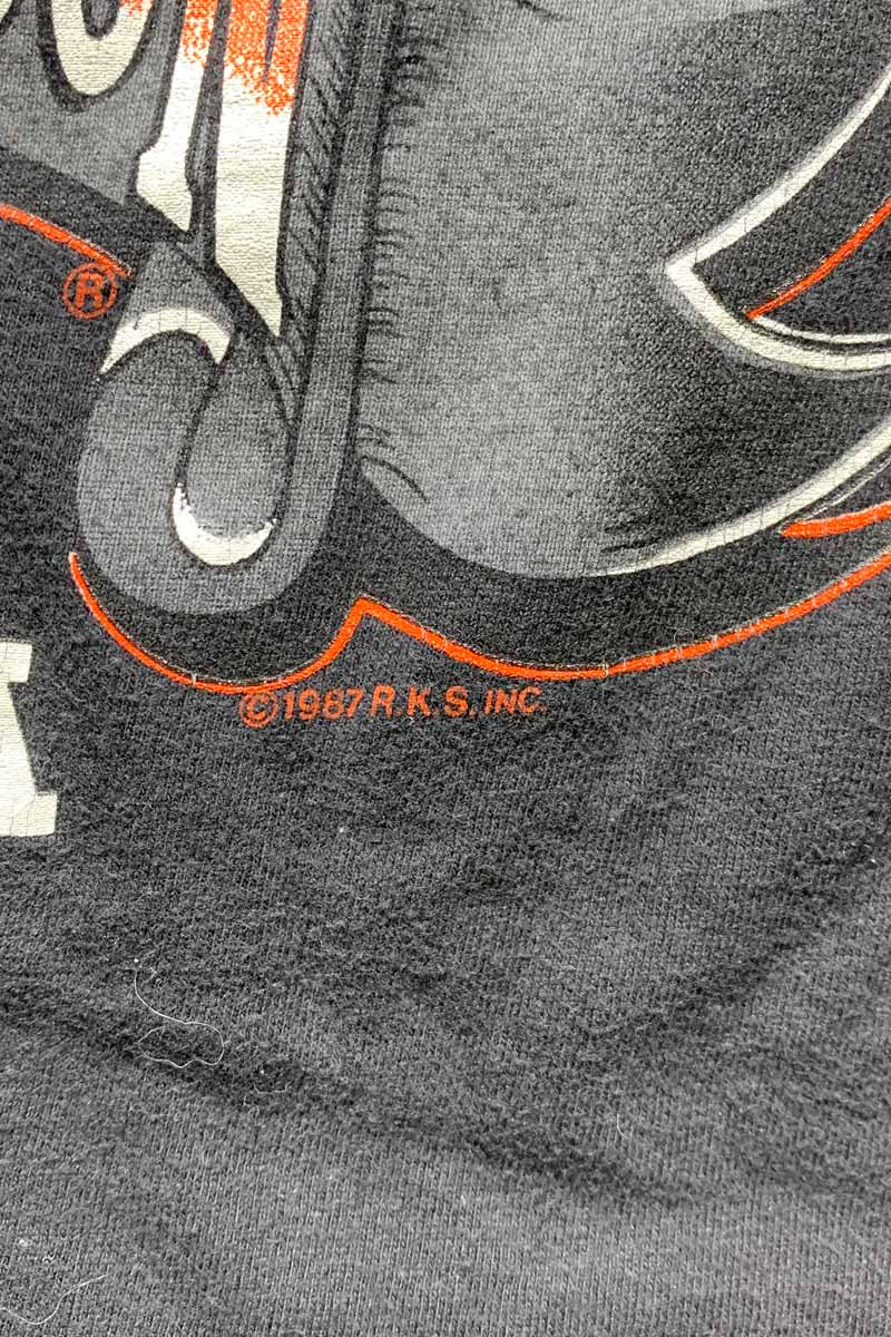 MADE IN USA 90'S S/S LAUGERMAN'S PRINT MOTORCYCLE T-SHIRT / BLACK [SIZE: L USED]