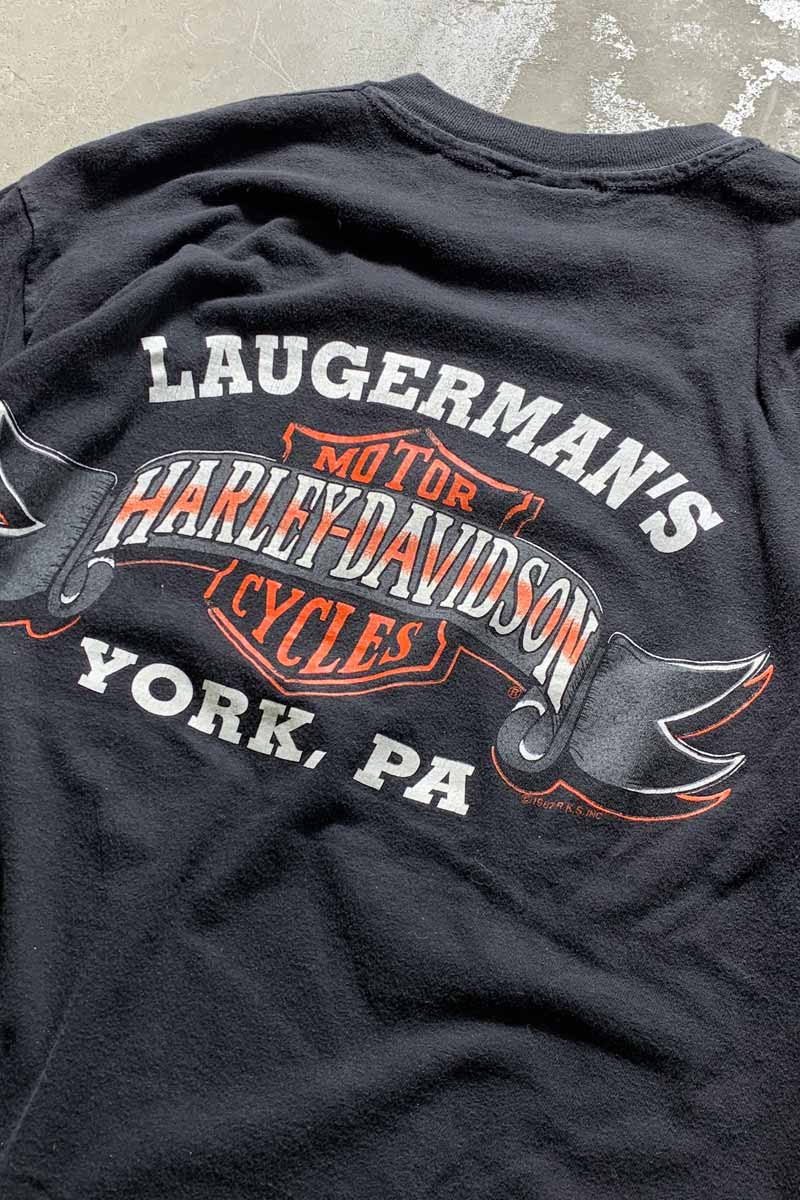 MADE IN USA 90'S S/S LAUGERMAN'S PRINT MOTORCYCLE T-SHIRT / BLACK [SIZE: L USED]
