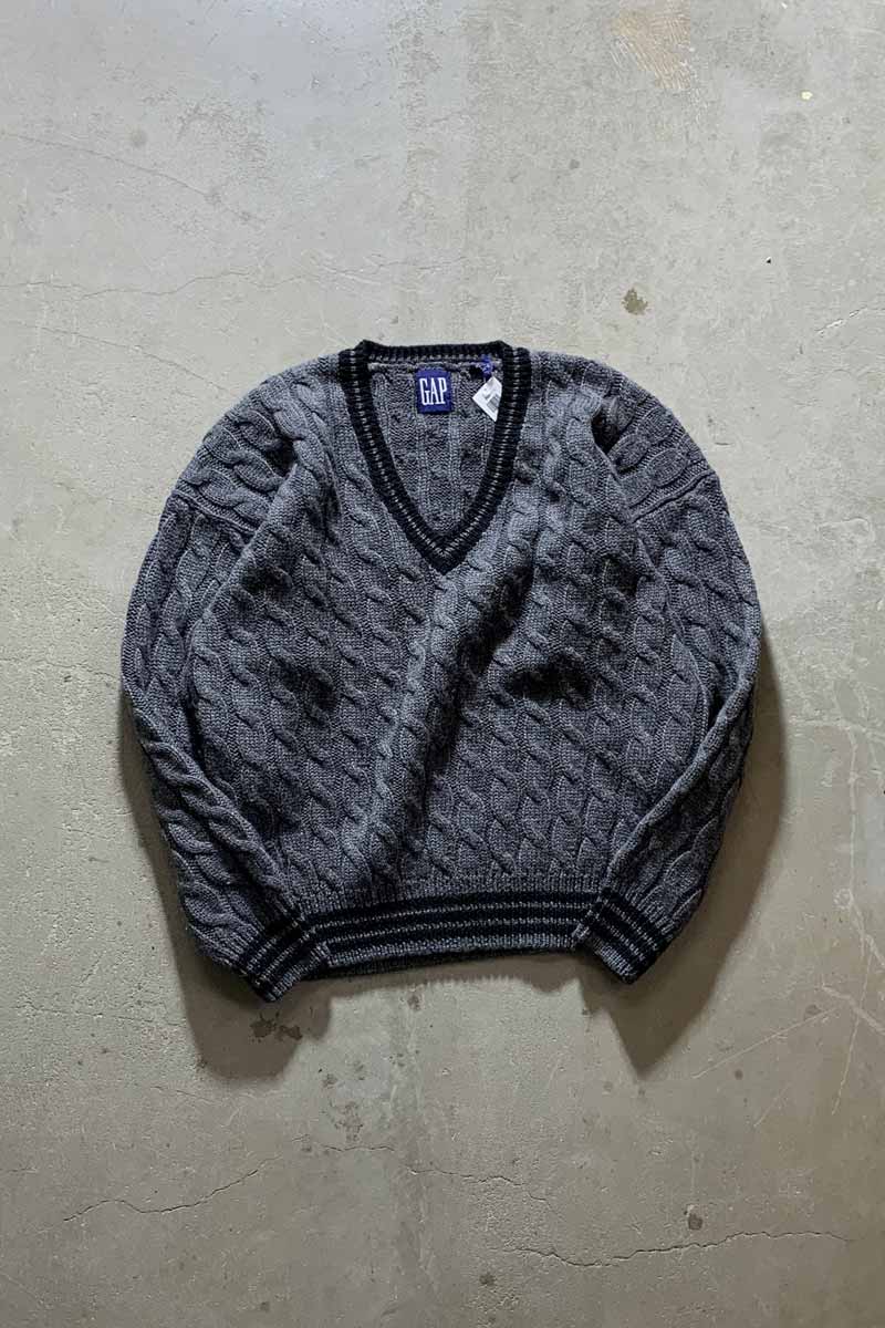 90'S V-NECK TILDEN WOOL KNIT SWEATER / GRAY [SIZE: M USED]