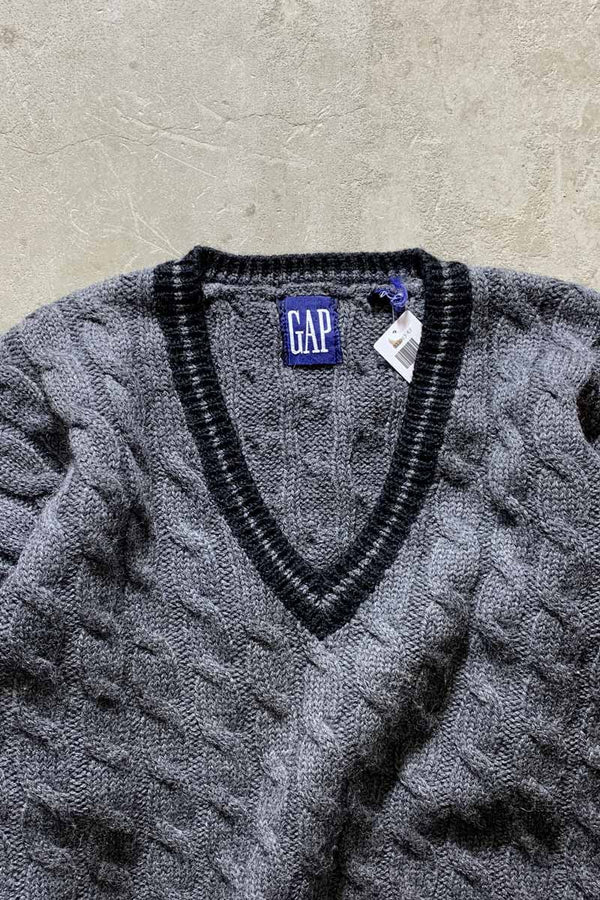 90'S V-NECK TILDEN WOOL KNIT SWEATER / GRAY [SIZE: M USED]