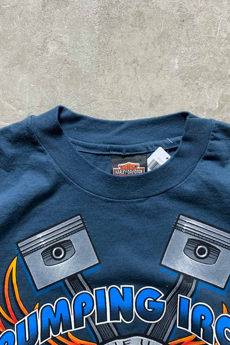 MADE IN USA 93'S S/S PUMPING IRON PRINT MOTOR CYCLE T-SHIRT / BLUE GREEN [SIZE: L USED]
