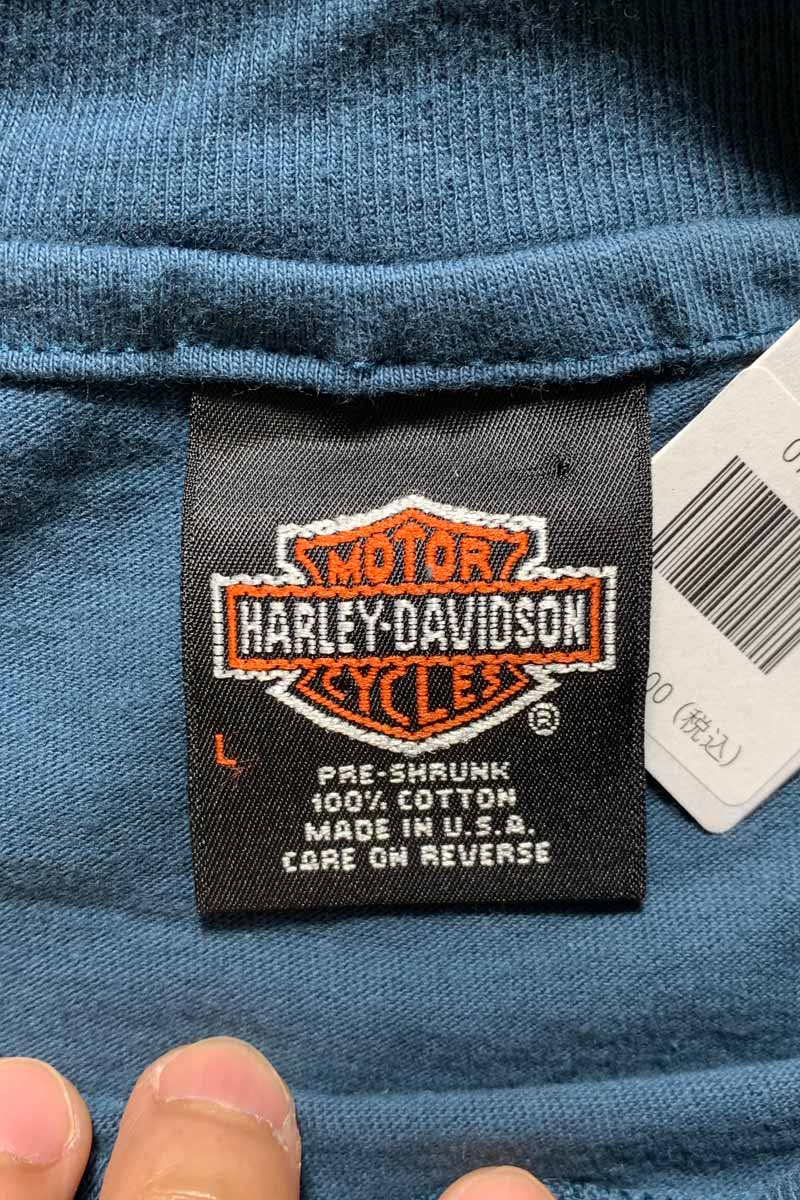 MADE IN USA 93'S S/S PUMPING IRON PRINT MOTOR CYCLE T-SHIRT / BLUE GREEN [SIZE: L USED]