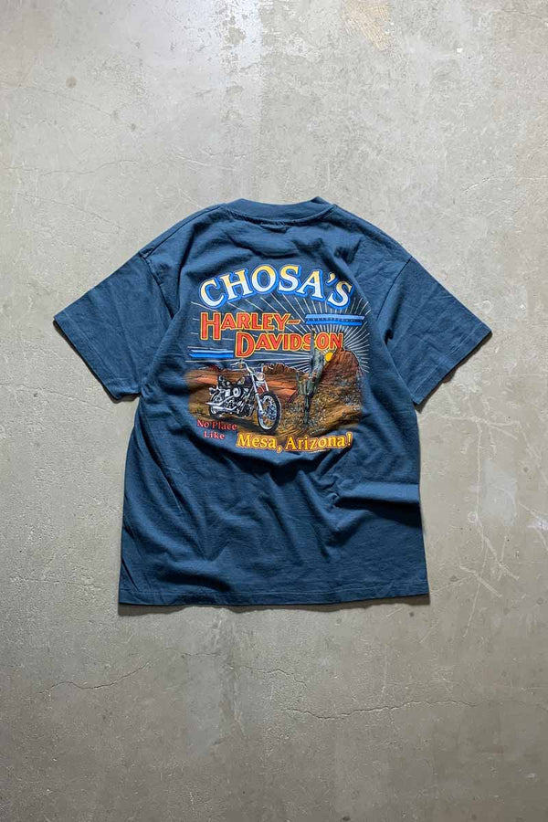 MADE IN USA 93'S S/S PUMPING IRON PRINT MOTOR CYCLE T-SHIRT / BLUE GREEN [SIZE: L USED]