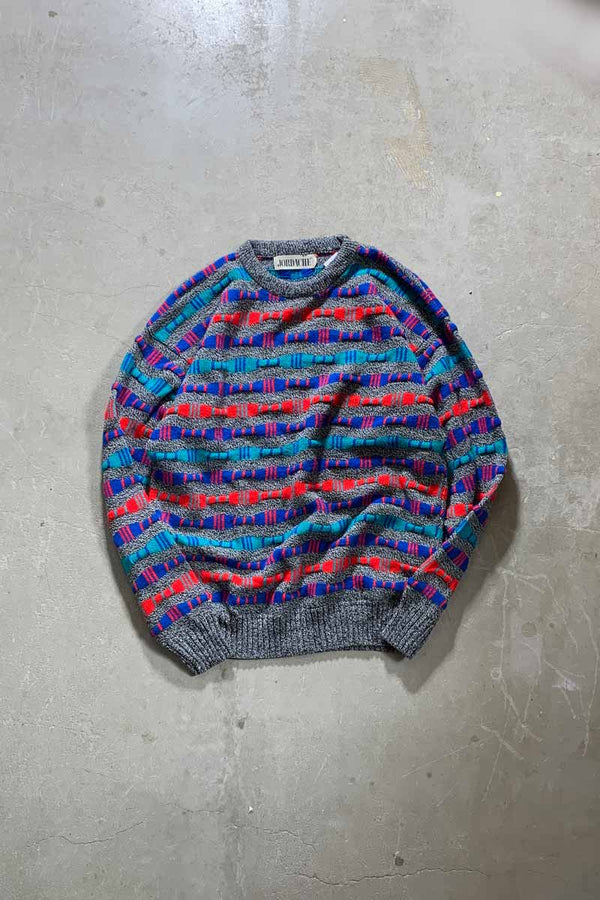 90S 3D DESIGN ACRYLIC KNIT SWEATER / GRAY / MULTI [SIZE: XL USED]