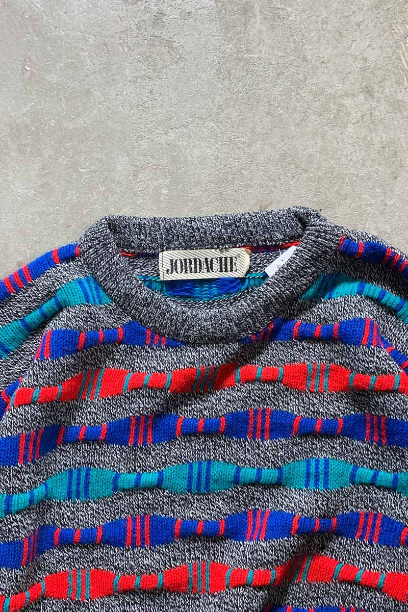 90S 3D DESIGN ACRYLIC KNIT SWEATER / GRAY / MULTI [SIZE: XL USED]