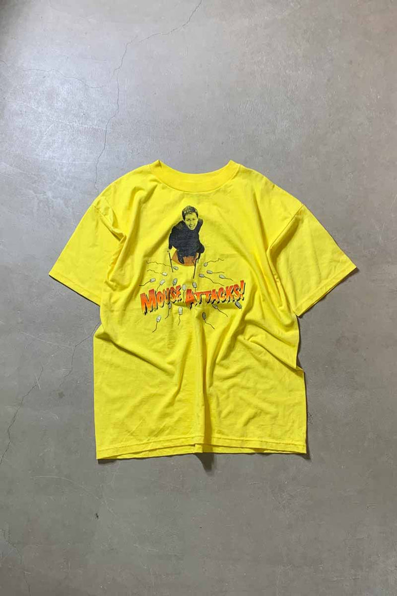 S/S MOUSE ATTACKS PRINT ADVERTISING T-SHIRT / YELLOW [SIZE: XL USED]