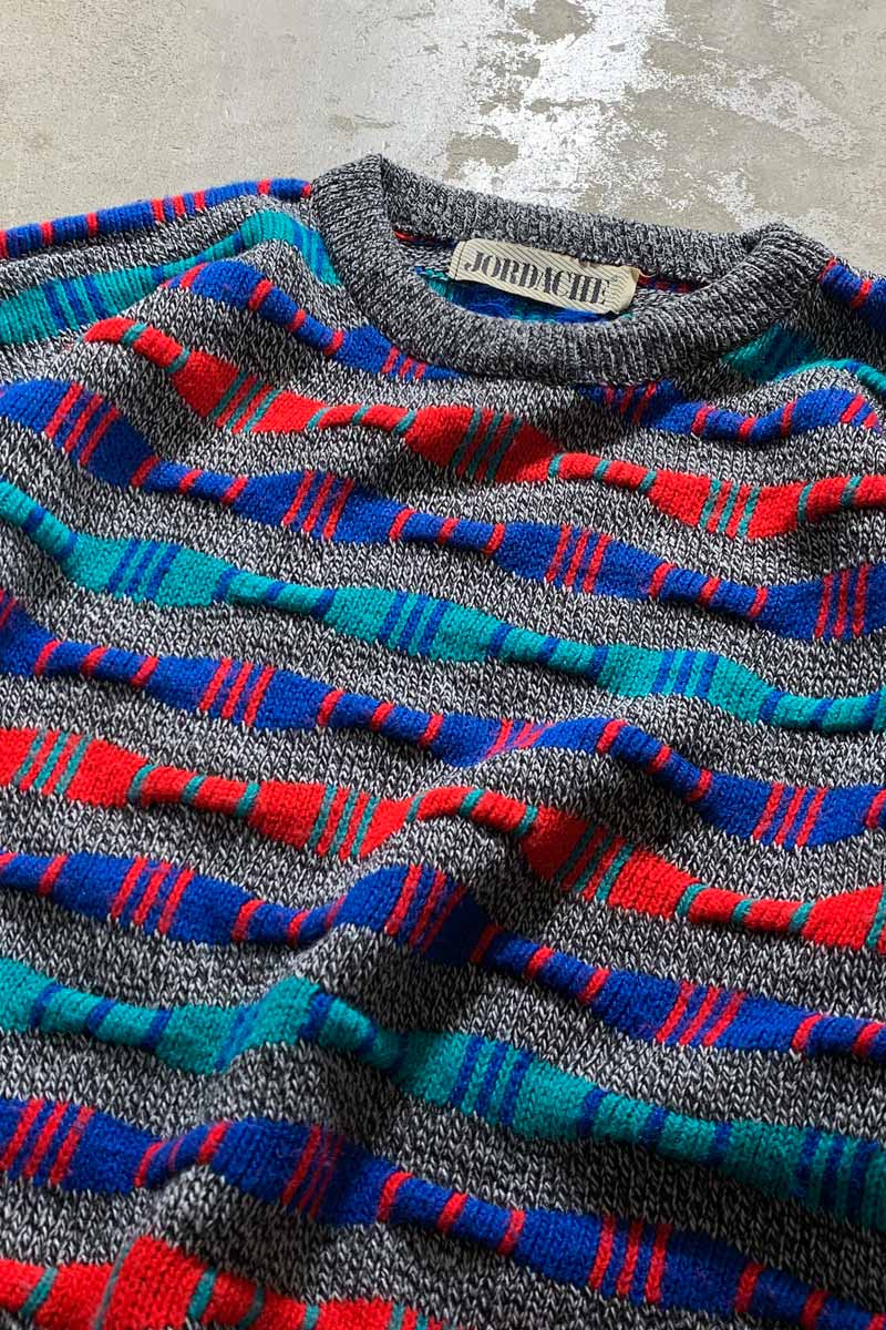90S 3D DESIGN ACRYLIC KNIT SWEATER / GRAY / MULTI [SIZE: XL USED]