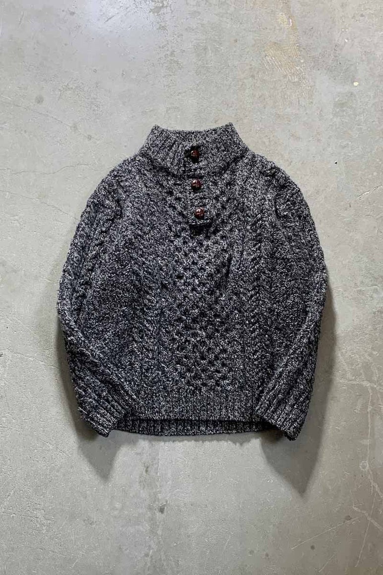 MADE IN IRELAND 90'S HENRY NECK MELANGE WOOL FISHERMAN KNIT SWEATER / CHARCOAL [SIZE: M USED]