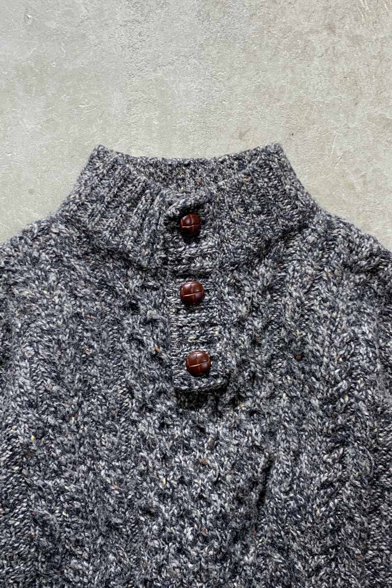 MADE IN IRELAND 90'S HENRY NECK MELANGE WOOL FISHERMAN KNIT SWEATER / CHARCOAL [SIZE: M USED]