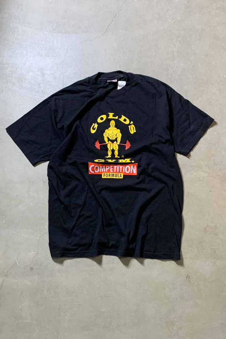 MADE IN USA 90'S S/S GOLD'S GYM PRINT ADVERTISING T-SHIRT / BLACK [SIZE: XL DEADSTOCK/NOS]