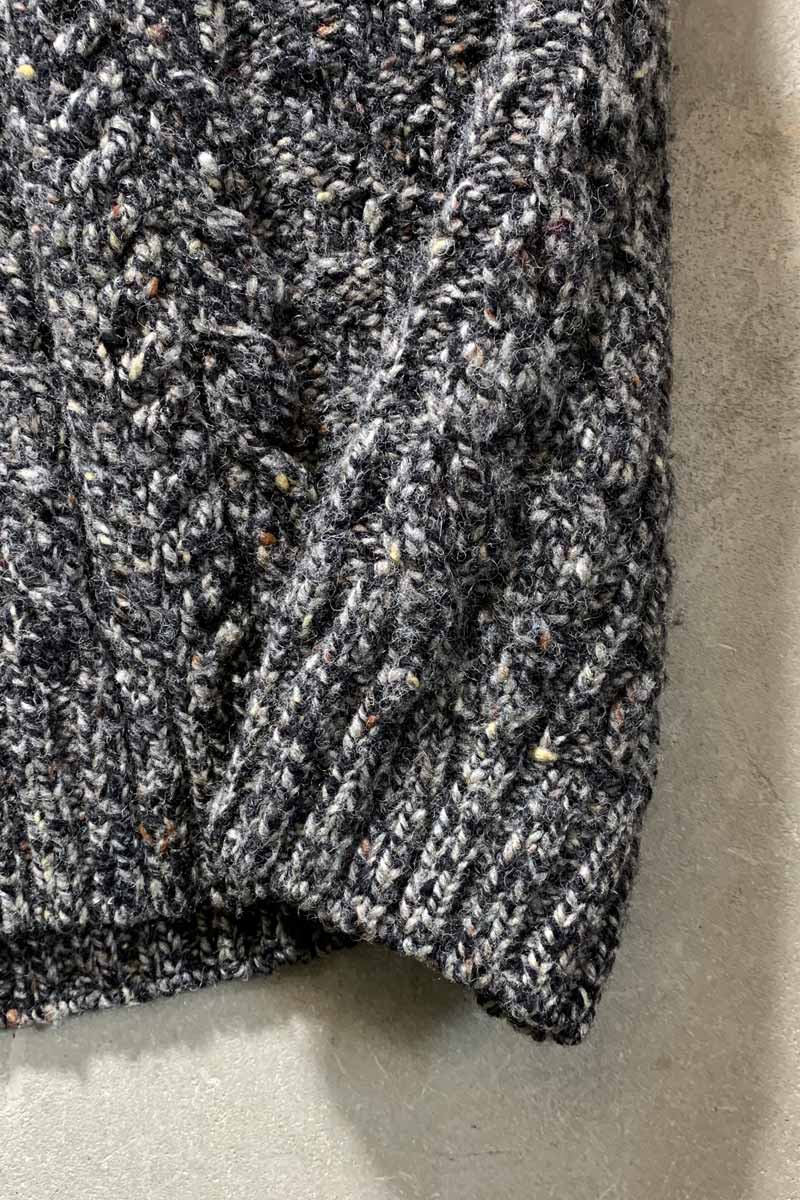 MADE IN IRELAND 90'S HENRY NECK MELANGE WOOL FISHERMAN KNIT SWEATER / CHARCOAL [SIZE: M USED]