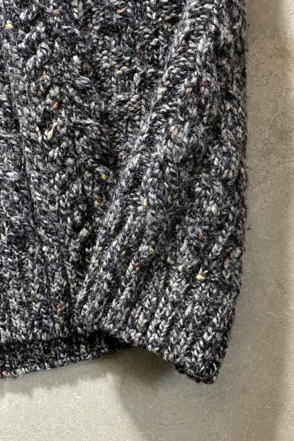 MADE IN IRELAND 90'S HENRY NECK MELANGE WOOL FISHERMAN KNIT SWEATER / CHARCOAL [SIZE: M USED]